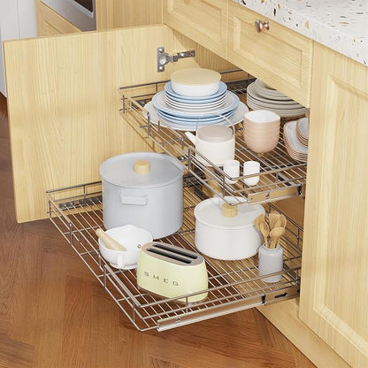 LOVMOR Individual Pull Out Cabinet Organizer, 2 Tier Slide Out Cabinet Drawers, Pots and Pans Organizer and Storage Pantry Shelf for Kitchen (27" W x 21½" D)