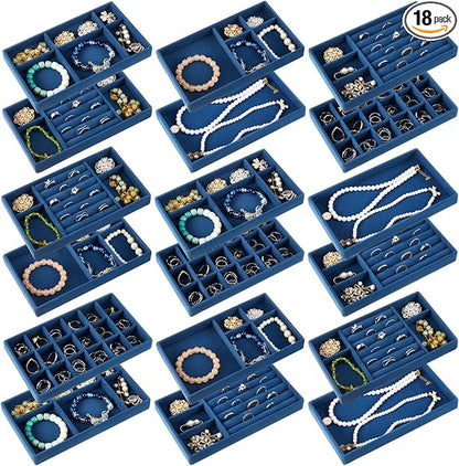 Junkin 18 Pcs Velvet Jewelry Tray Stackable Jewelry Drawer Organizer Jewellery Box Divided Display Tray for Earring Bangle(Peacock Blue)