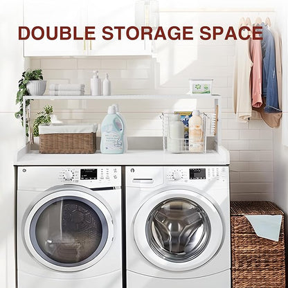 DTK Washer Dryer Countertop with Shelf, 27.55" Depth x 54" Width Laundry Wood Top Cover with Anti-Slip Strips, Over Washer and Dryer Wood Countertop with Edge Rails, White