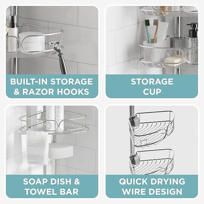 Zenna Home Tension Pole Shower Caddy Corner Organizer, Adjustable Standing Shower Caddy with 4 Shelves, Rustproof Bathroom Tension Rod Organizer, 60 to 108 Inch, Stainless Steel