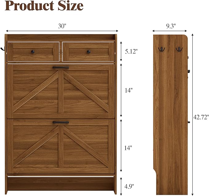 Shoe Cabinet with 2 Flip Drawers & 2 Storage Drawers, Rustic Farmhouse Narrow Shoe Organizer Cabinet, Slim Shoe Rack Cabinet, Shoe Storage Cabinet for Entryway, Hallway, Front Door