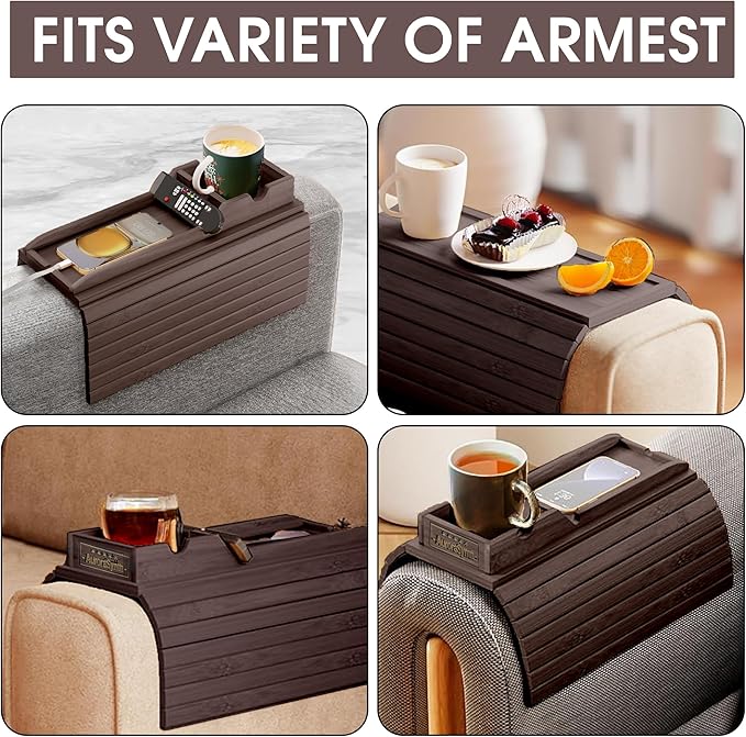 Couch Cup Holder Tray with 2 Cork Coasters, Couch Caddy, Anti-Slip Foldable Armrest Sofa Tray, Couch Armrest Table, Anti-Spill Holder for Remote, Snacks, Cellphone - Ideal Gift (Walnut)