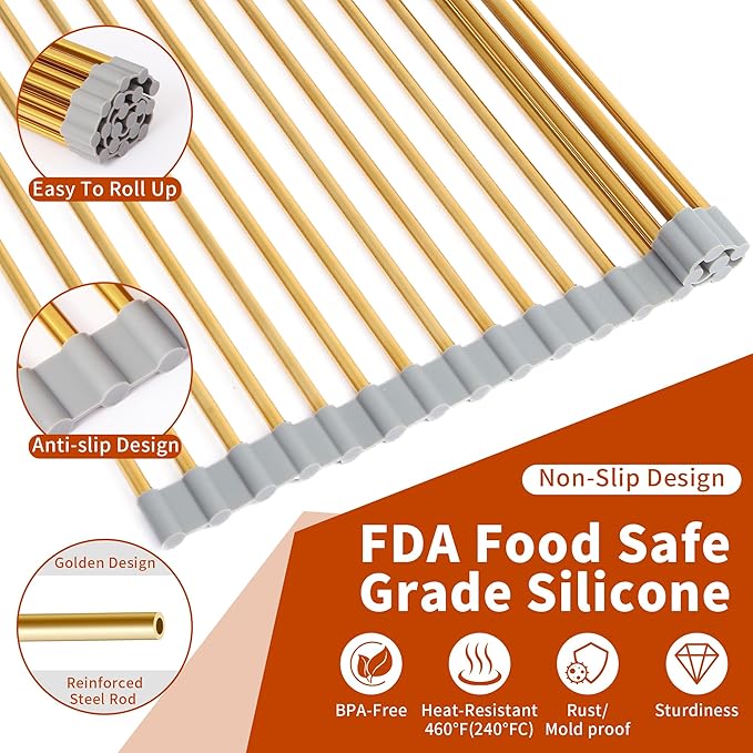 HAYAWEY Extra Large Golden Roll-UP Dish Drying Rack-Stainless Steel Dish Drainer Over The Sink for Kitchen Countertop,Applicable for Sink Width Less Than 19in (Gold,20.5'x 13.2')