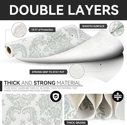RAY STAR Shelf Liner, 12 Inch x 10 Feet Non Adhesive Sage Green Damask Floral Cabinet Liner for Pantry Drawer Vanity, Strong Grip Non Slip, Durable Shelf Liners for Kitchen Cabinets Cupboard