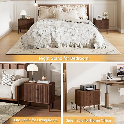 FavourLife Night Stand Set of 2 with Charging Station, 24" Large Fluted Nightstand with Rounded Corners & Solid Wood Legs, 2 Drawers Mid Century Modern Bedside Table for Bedroom, Walnut