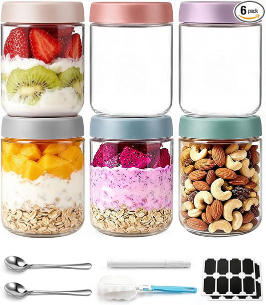 6 pack 16 oz Overnight Oats Containers with Lids and Spoons Glass Jars with Airtight Lids: Wide Mouth Mason Salad Jars, Leakproof and Reusable Glass Food Storage Container for Yogurt Snacks Spice