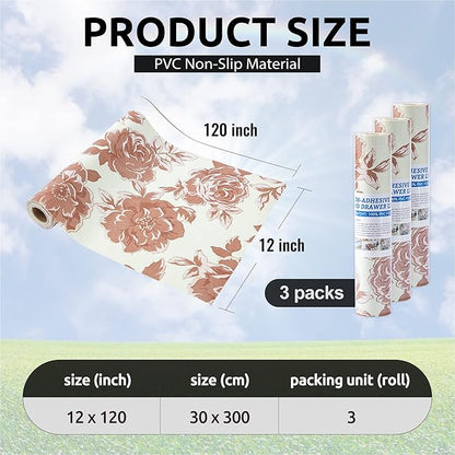 FIFTY FEET 12X120 Inch Shelf Liner for Kitchen Cabinets, PVC Drawer Liner for Dresser Non-Slip Bathroom, Non-Adhesive Cabinet Liner Washable (Red Flower)(3 Roll)