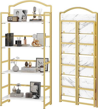 JSB No Assembly Folding Bookshelf, 4 Tier Book Shelf for Storage, Vintage Wood Foldable Bookcase for Living Room, Bedroom, Office Organization Shelves