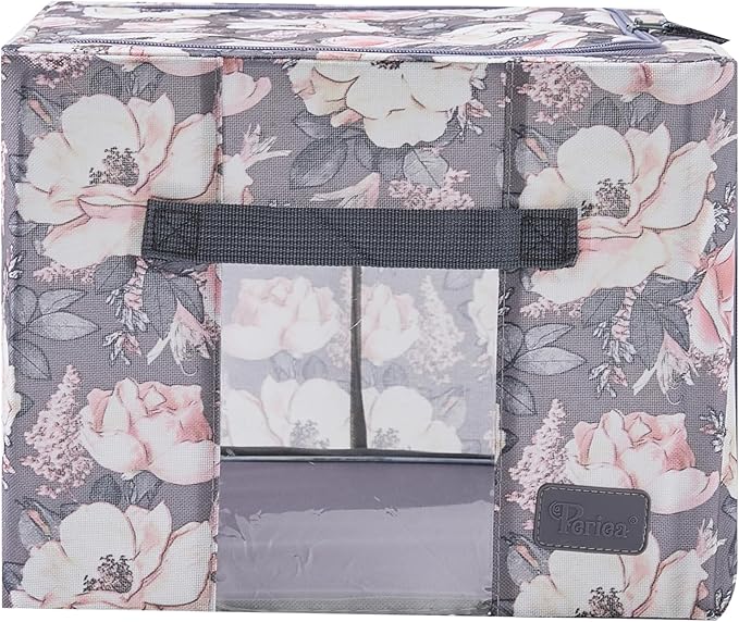 Periea 'Beau' Foldable Stackable Fabric Home Storage Boxes with Steel Frames - Set of 2 (Floral Grey, Small)