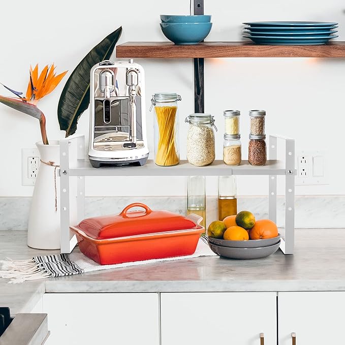 Expandable Cabinet Shelf Organizer Rack, Stackable Kitchen Counter Storage Shelves Stand, Adjustable Height Pantry Shelf Spice Rack (White, 1 Pack)