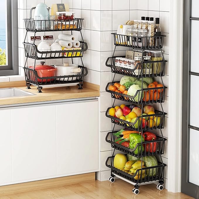 MURRI&MURRDI Fruit Vegetable Storage Baskets with Wheels, 6 Tier Stackable Wire Storage Baskets, Tall Standing Produce Kitchen Rack, Narrow Rolling Cart for Pantry Snack Onion Potato, Black