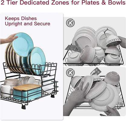 BOOSINY 2 Tier Black Large Stainless Steel Dish Drainers Drying Rack for Kitchen Counter with Drainboard, Rust Proof Metal, Space Saving, Modern Aesthetic, Compact Plates Strainers with Extra Mat