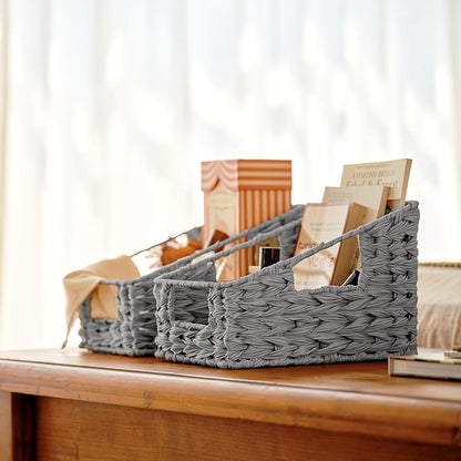 GRANNY SAYS Wicker Basket with Handles, Odorless Woven Trapezoid Basket Waterproof for Organizing, Decorative Storage Wicker Baskets for Storage Photo Books, Gray, 2-Pack