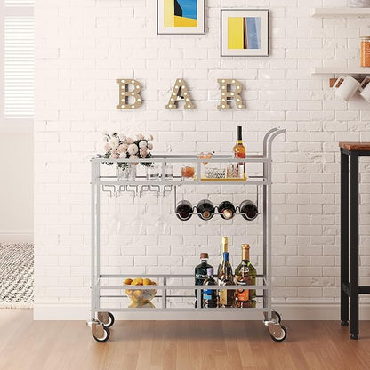 TrailBlaze Silver Mirrored 2-Tier Bar Cart with Wheels – Portable Beverage & Wine Serving Trolley, 4 Bottle Racks & 3 Glass Holders – Modern Metal Design for Home, Kitchen, Dining, Living Room
