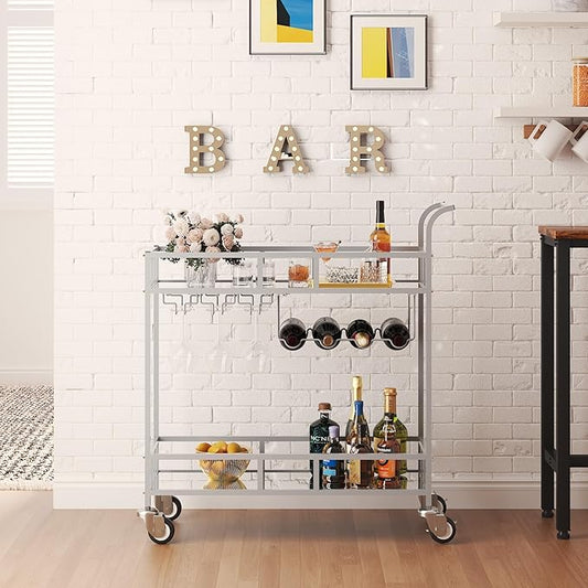 TrailBlaze Silver Mirrored 2-Tier Bar Cart with Wheels – Portable Beverage & Wine Serving Trolley, 4 Bottle Racks & 3 Glass Holders – Modern Metal Design for Home, Kitchen, Dining, Living Room