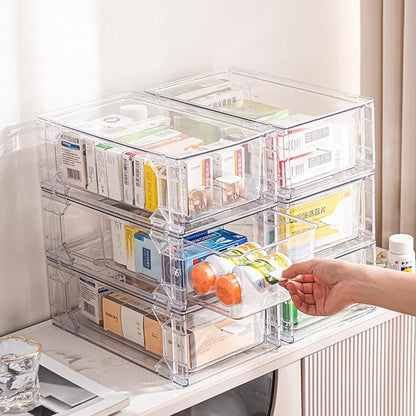 Sgoostood 6 Pack Stackable Organizer Drawers, Clear Desk Storage Box,Transparent Drawer in Home, Office and Kitchen Pull Out Organizer Bins for Make Up, Pen, Desktop Stationary (6 Pack)
