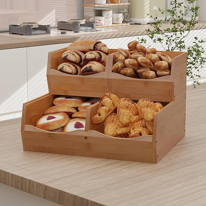 3 Set Bamboo Pantry Organizers and Storage, Open Front Vegetable Fruit Seasonings Stackable Storage Bins, Compact Stacking Storage Bins for Pantry, Bedroom, Office, Kitchen Counter Organizer (Walnut)