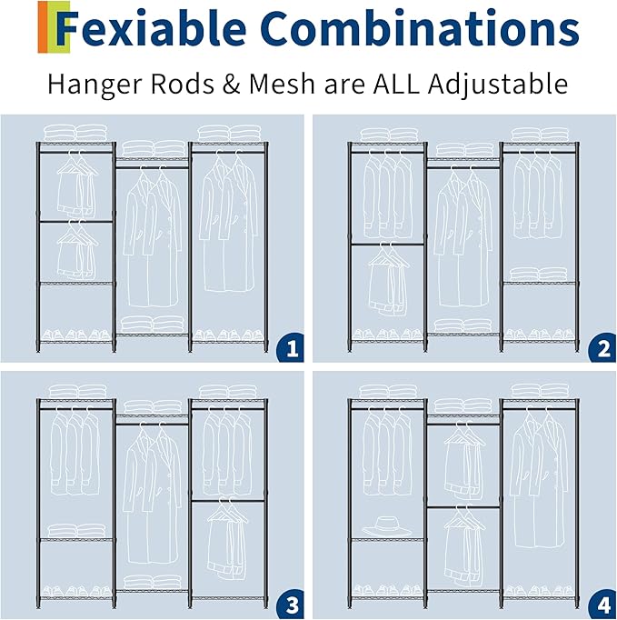 Portable Clothes Rack Heavy Duty Garment Rack, Large Freestanding Closet Wardrobe with Adjustable Shelves & 4 Hanging Rods, Closet Organizer and Storage for Bedroom Cloakroom, 76.5"H x 67.6"L x 15.5"W