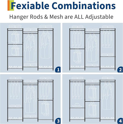 Portable Clothes Rack Heavy Duty Garment Rack, Large Freestanding Closet Wardrobe with Adjustable Shelves & 4 Hanging Rods, Closet Organizer and Storage for Bedroom Cloakroom, 76.5"H x 67.6"L x 15.5"W