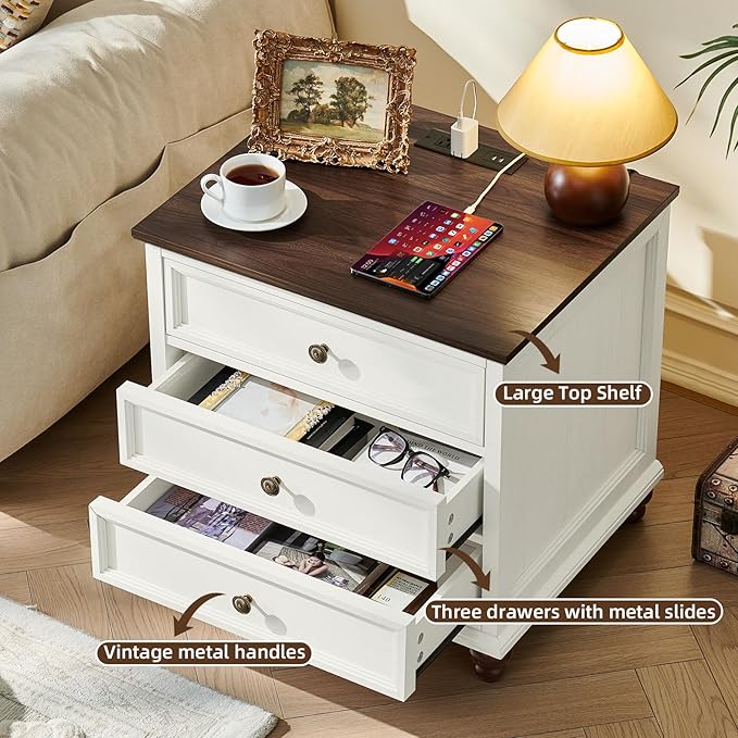 Joaxswe Farmhouse Nightstand Set of 2 with Charging Station, 24" Wide End Table with 3 Drawers,Dresser for Bedroom,Bed Side Table Chest of Drawers Cabinet,Wood White Night Stand for Living Room