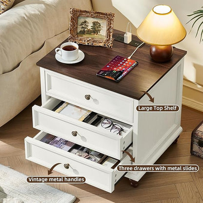 Joaxswe Farmhouse Nightstand Set of 2 with Charging Station, 24" Wide End Table with 3 Drawers,Dresser for Bedroom,Bed Side Table Chest of Drawers Cabinet,Wood White Night Stand for Living Room