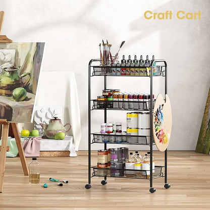 TOOLF 4-Tier Rolling Cart, Metal Utility Cart with 3 Hooks, Easy Assemble Mobile Storage Trolley On Wheels, Metal Shelving Units Kitchen Bathroom Laundry Room