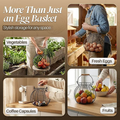 Flexzion Egg Basket for Gathering Fresh Eggs - Round Wire Countertop Egg Holder with Spring Handles, Farmhouse Chicken Eggs Collecting Basket Storage for Countertop, Kitchen Organizer and Farm (Black)