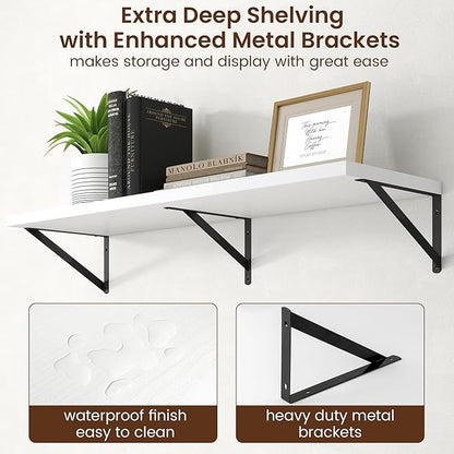 Axeman Deep Floating Shelves - 40 Inch White Floating Shelves Set of 2-12 Inch Deep Wood Wall Shelves for Living Room Bathroom Kitchen