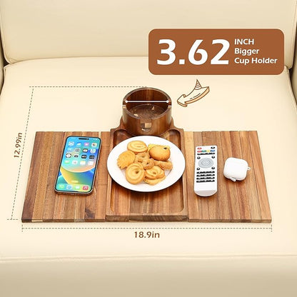 Couch Cup Holder Tray, Acacia Wood Couch Armrest Table with 360° Ratated Phone Holder, 18.99" Flodable Anti-Slip Sofa Armrest Tray Tables for Snacks Remote Storage