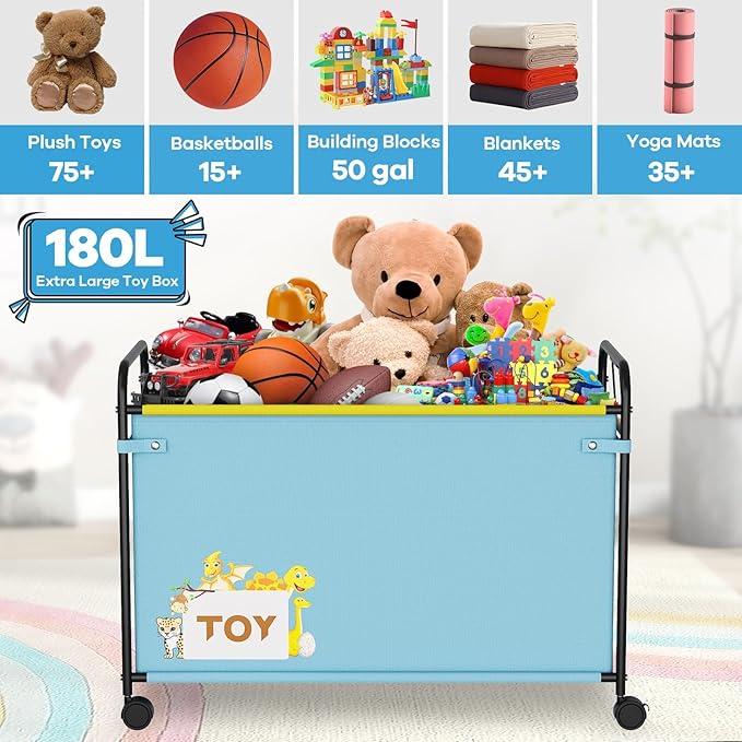 180L Kids Extra Large Toy Box with Wheels for Boys Girls, 31.5" x 15.7" x 23.2" Big Toy Chest with Handle, Toy Storage Organizer for Living Room Area, Stuffed Animals, Clothes(Blue, 1PC)