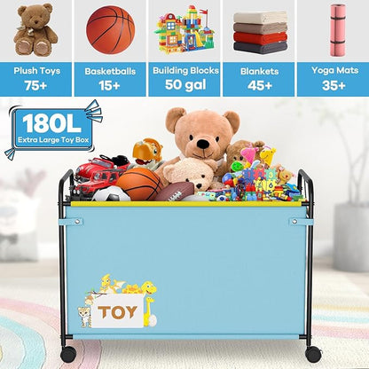 180L Kids Extra Large Toy Box with Wheels for Boys Girls, 31.5" x 15.7" x 23.2" Big Toy Chest with Handle, Toy Storage Organizer for Living Room Area, Stuffed Animals, Clothes(Blue, 1PC)