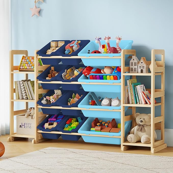 Extra Large Toy Storage - Toy Storage Organizer, Wooden Toy Organizer with 6 Side Shelves and 12 Bins, 3-in-1 Bookshelf for Kids Rooms, Playroom, Nursery, Blue