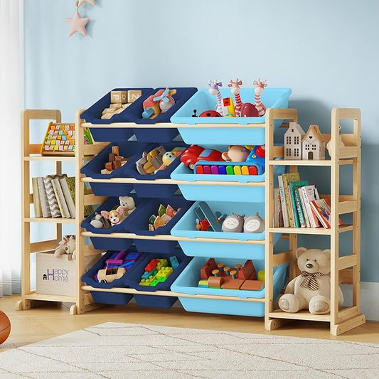 Extra Large Toy Storage - Toy Storage Organizer, Wooden Toy Organizer with 6 Side Shelves and 12 Bins, 3-in-1 Bookshelf for Kids Rooms, Playroom, Nursery, Blue