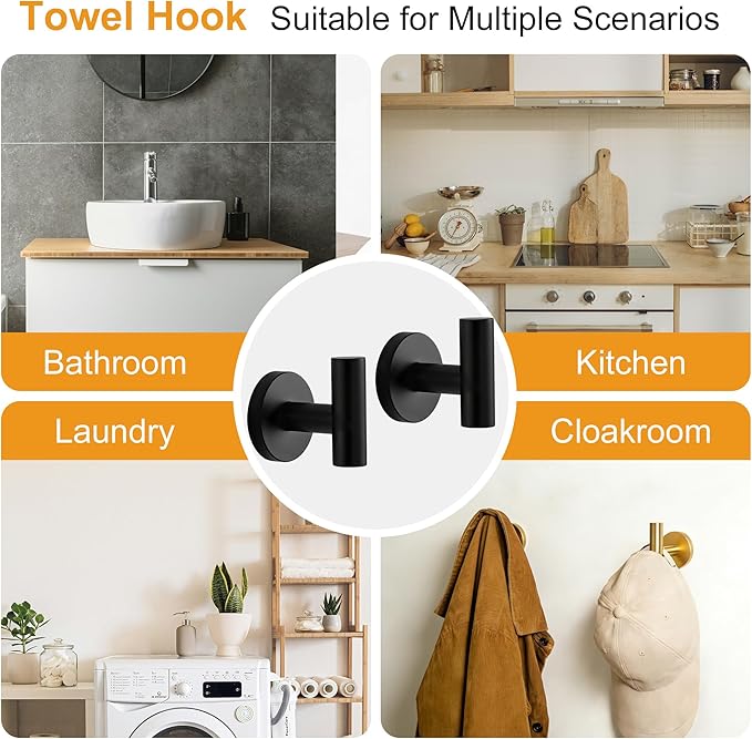 CozyTower Matte Black Quick Reload Toilet Paper Holder Wall Mount, SUS304 Stainless Steel Double Post Pivoting Tissue Roll Holder Hand Towel Holder Ring Wall Hook Bathroom Hardware Accessories Set