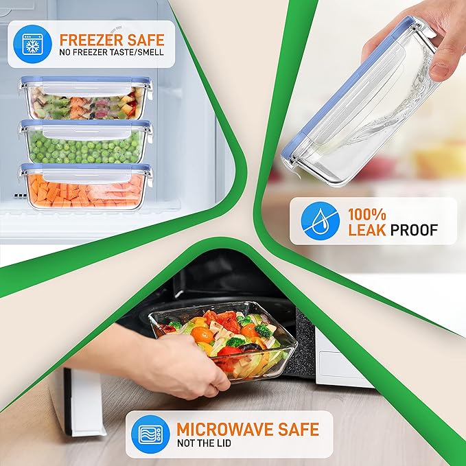 NutriChef 10 Piece Glass Food Storage Containers with Lids – 30 oz Meal Prep Containers Reusable – Airtight Glass Lunch Containers for Food Storage – Freezer to Oven Safe - Blue