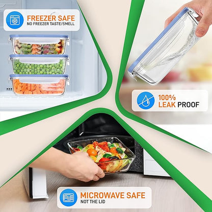 NutriChef 10 Piece Glass Food Storage Containers with Lids – 30 oz Meal Prep Containers Reusable – Airtight Glass Lunch Containers for Food Storage – Freezer to Oven Safe - Blue