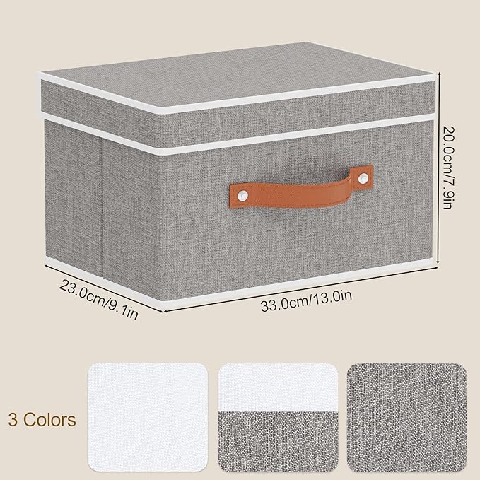 Fabric Storage Basket with Lids, Linen Foldable Storage Bins, Closet Organizer Boxes with Double Handles, Grey, 3 Pack, 13 x 9.1 x 7.9 Inch