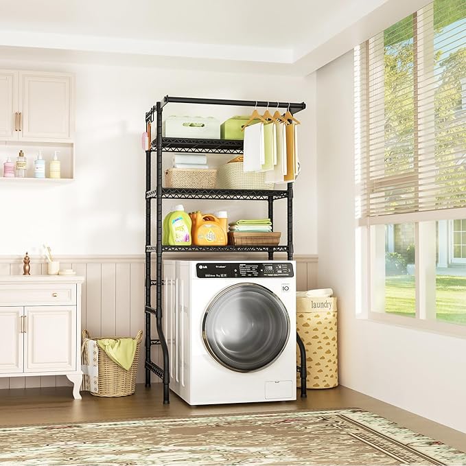 Ulif U11 Over Washer and Dryer Shelves, 3 Tiers Laundry Room Storage and Organizer Standing Shelf, Metal Freestanding Clothes Drying Rack, 33.9" W x 19.7" D x 77.6" H, Black