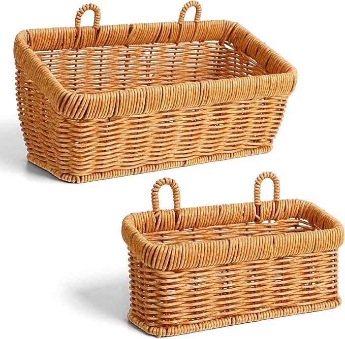 2 Pcs Wall Hanging Basket Wall Mount Pantry Fruit Basket Boho Style Decor Storage Baskets Adhesive Bathroom Cabinet Organizer for Bathroom Kitchen Garden Living Room with 4 Hooks