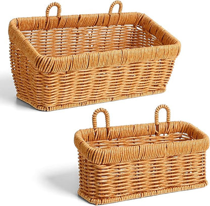 2 Pcs Wall Hanging Basket Wall Mount Pantry Fruit Basket Boho Style Decor Storage Baskets Adhesive Bathroom Cabinet Organizer for Bathroom Kitchen Garden Living Room with 4 Hooks