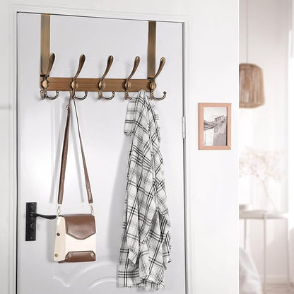 Dseap Over The Door Hook Hanger - Fits 1 3/8" to 1 3/4" Standard Doors | 5 Tri Hooks Heavy Duty Towel/Coat Rack | Door Organizer for Clothes, Jackets, Hats, Towels, Antique Copper