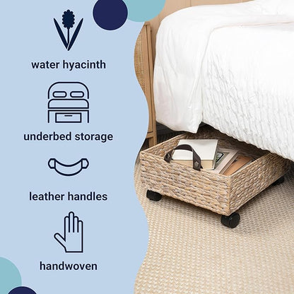 happimess BSK2014C Adaline 18.11" Classic Farmhouse Handwoven Hyacinth Rectangular Underbed Storage Bin with Wheels and Handles for Storage and Decoration in Bathroom, Bedroom, Closet, White Wash