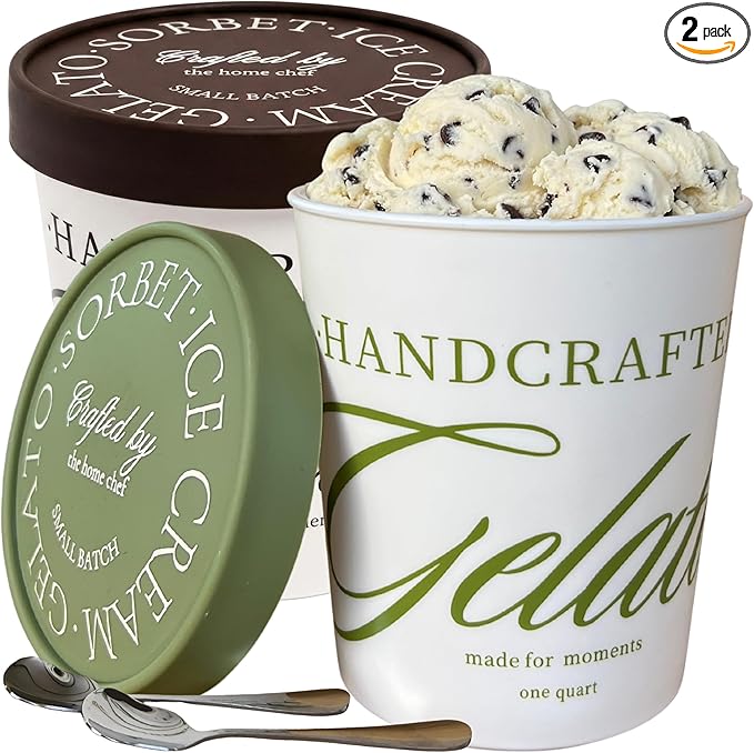 Set of 2 Ice Cream Containers, 1 Quart Each Reusable Freezer Storage for Homemade Gelato, Sorbet & Frozen Yogurt, 2 Spoons Included, Stackable Containers with Silicone Lids BPA Free