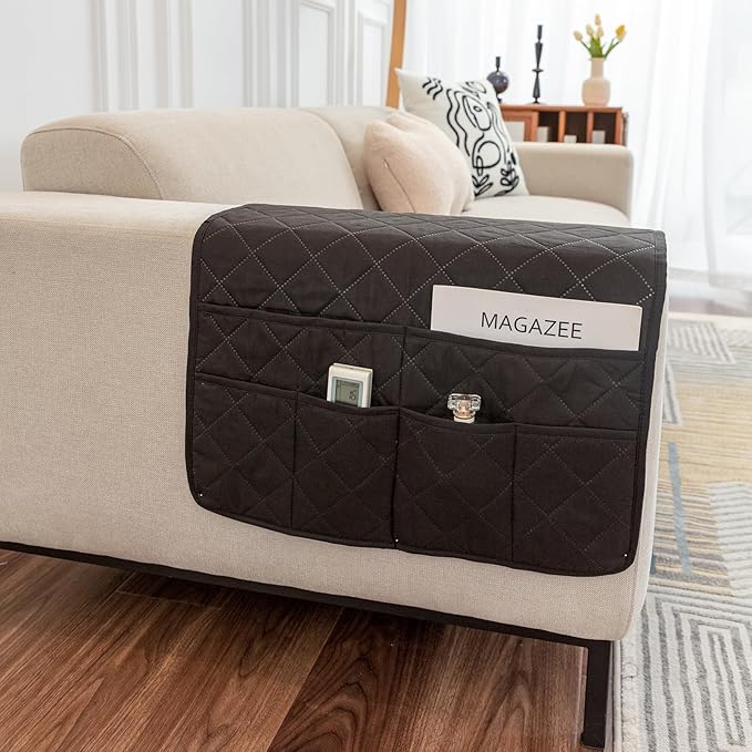 OYX Recliner Armrest Organizer with 6 Pockets, Non-Slip Remote Control Holder for Couch, Sofa & Bedside Storage, Compatible with Phone, iPad, Magazines