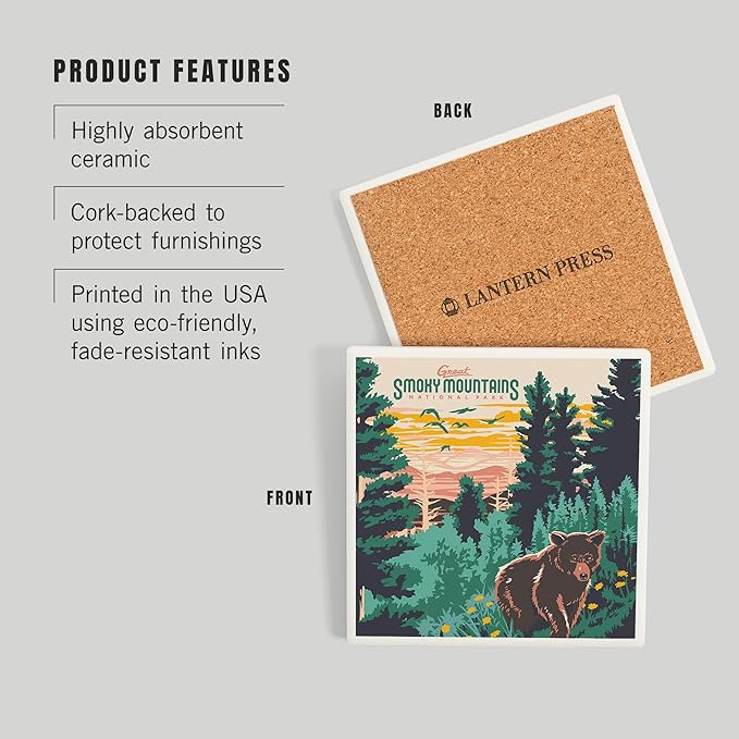 Lantern Press Great Smoky Mountains National Park, Explorer Series (Absorbent Ceramic Coaster, Single, Cork Back, Kitchen Table Decor)