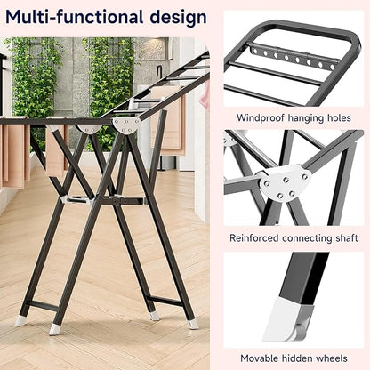 MIKEE Clothes Drying Rack,Foldable Laundry Drying Rack for Indoor & Outdoor Use，with Height-Adjustable Wings，2-Tier Clothes Rack with Windproof Hanging Holes and Wheels，132 lbs