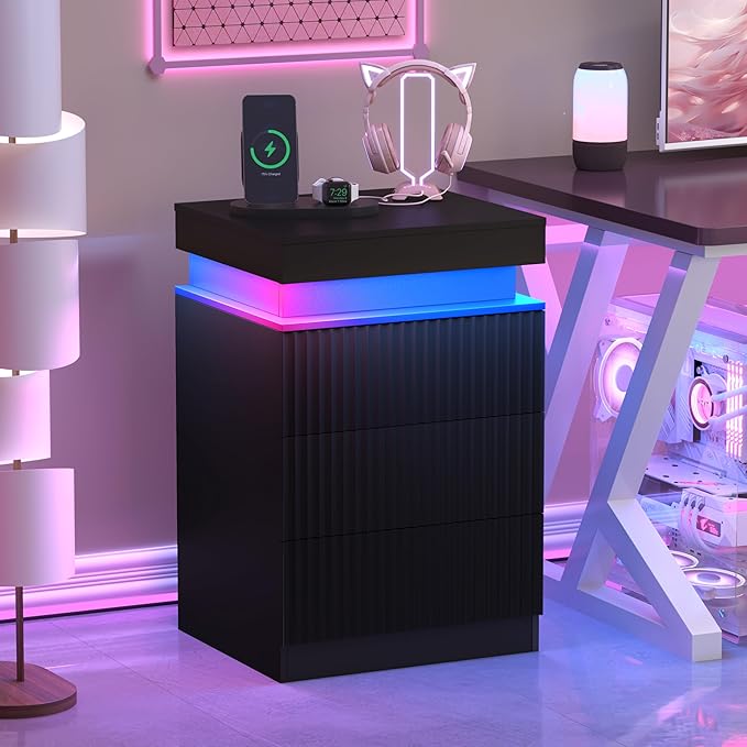 BOXACTION Black Nightstand with 3 Drawers and LED Light, Mid Century Modern Fluted Night Stand with Charging Station, Bedside Table & End Table for Bedroom