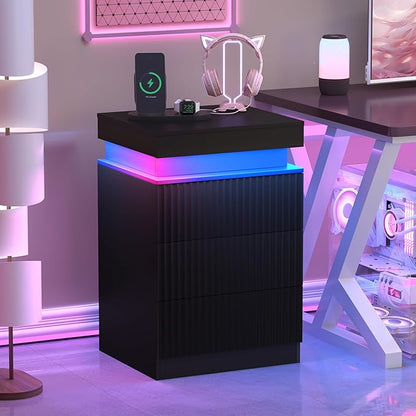 BOXACTION Black Nightstand with 3 Drawers and LED Light, Mid Century Modern Fluted Night Stand with Charging Station, Bedside Table & End Table for Bedroom