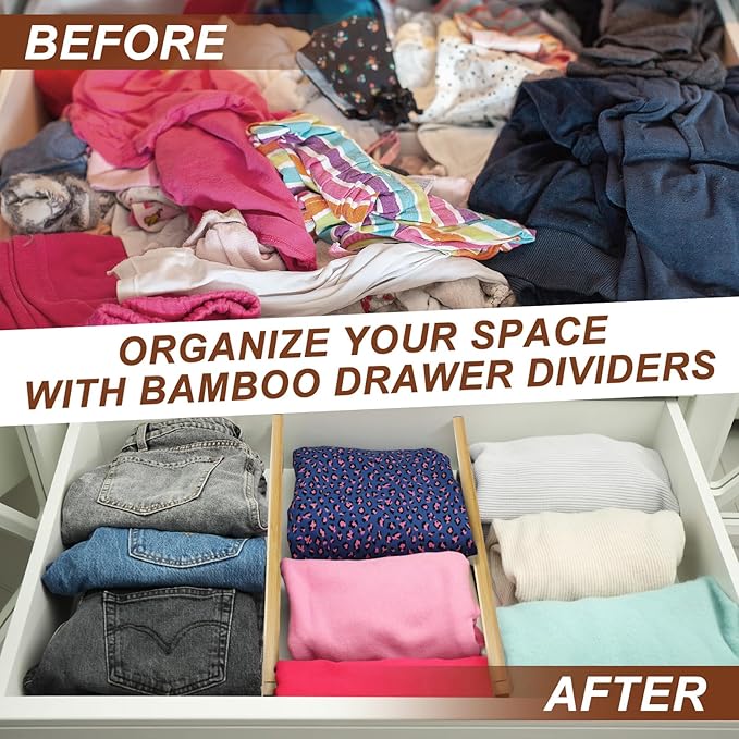 4 Pcs 6 Inch High Drawer Dividers 15"-22" Adjustable Bamboo Drawer Dividers Deep Expandable Dresser Organizer with Spring Loaded for Clothes Bedroom Bathroom Kitchen Fridge Office