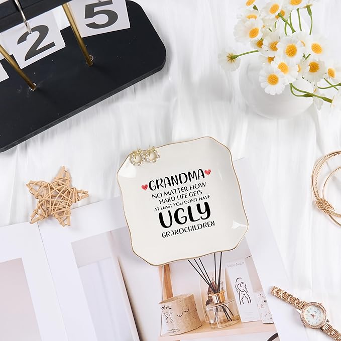 Jelershy Grandma Gifts Jewelry Dish Ring Tray, Grandmother Birthday Gifts for Grandma Christmas Valentines Mother's Day Gift from Grandkids-No Matter How Hard Life...You Don't Have Ugly Grandchildren
